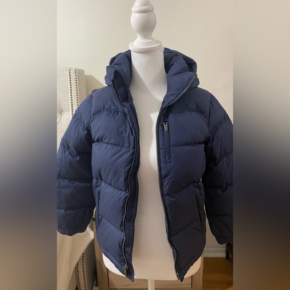 Ralph Lauren Performance Blue puffer jacket with removable hood.